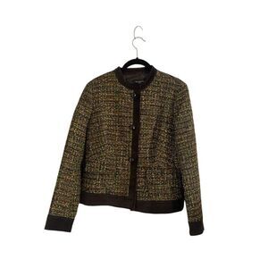Talbots Womens Vintage Jacket 8P Tweed Button Front Brown Velvet Trim